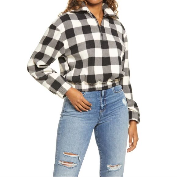 BP. Buffalo Plaid Fleece Pullover in Black Quarter Zip Elastic Waist Warm & Cozy - Picture 2 of 3